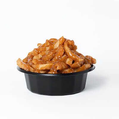 Black container with fries and bbq brown sauce, on a white background