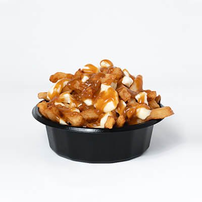 Classic poutine, fries, cheese and gravy, served in a black bowl, on a white background