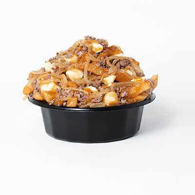 Classic poutine, fries, cheese and gravy, with ground beef and fried onions, served in a black bowl, on a white background