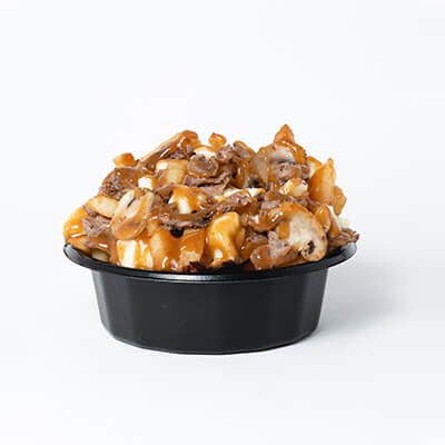 Classic poutine, fries, cheese and gravy, with steak and mushrooms, served in a black bowl, on a white background