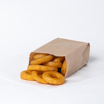 Brown paper bag containing fried onion rings, on a white background