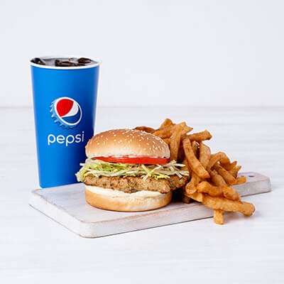 Chicken burger trio, fries and Pepsi drink on white background