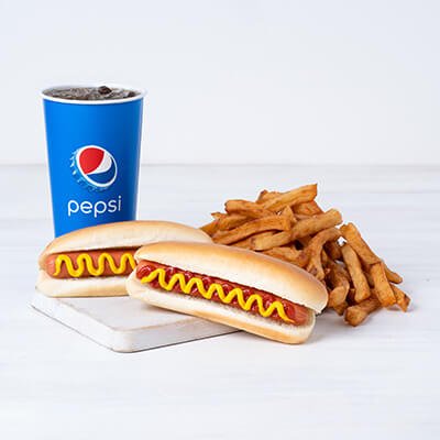 Trio steamed hot dogs with mustard, fries and Pepsi drink on a board on a white background
